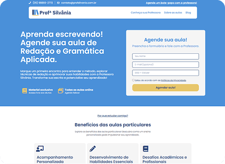 Print da landing page da Profª Silvânia, aulas de redação e gramática