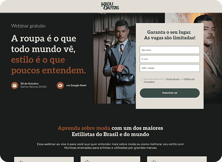 Print da landing page de webinar de moda do estilista Kadu Dantas